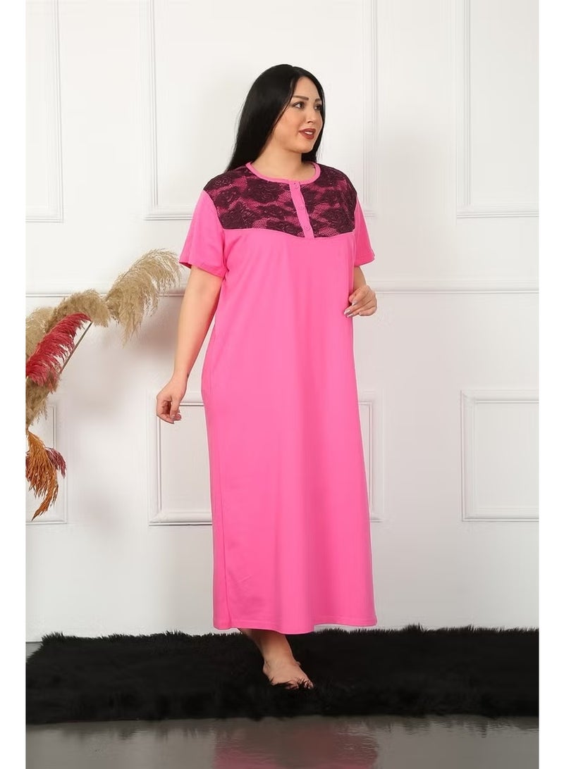 Akbeniz Big Lace Short Sleeve Fuchsia Mother Nightgown 1348 - Image 4